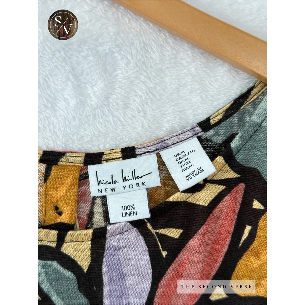 Nicole Miller Top Women XL Boho Floral Linen Button Back Cap Sleeve Multi XL - Picture 7 of 7